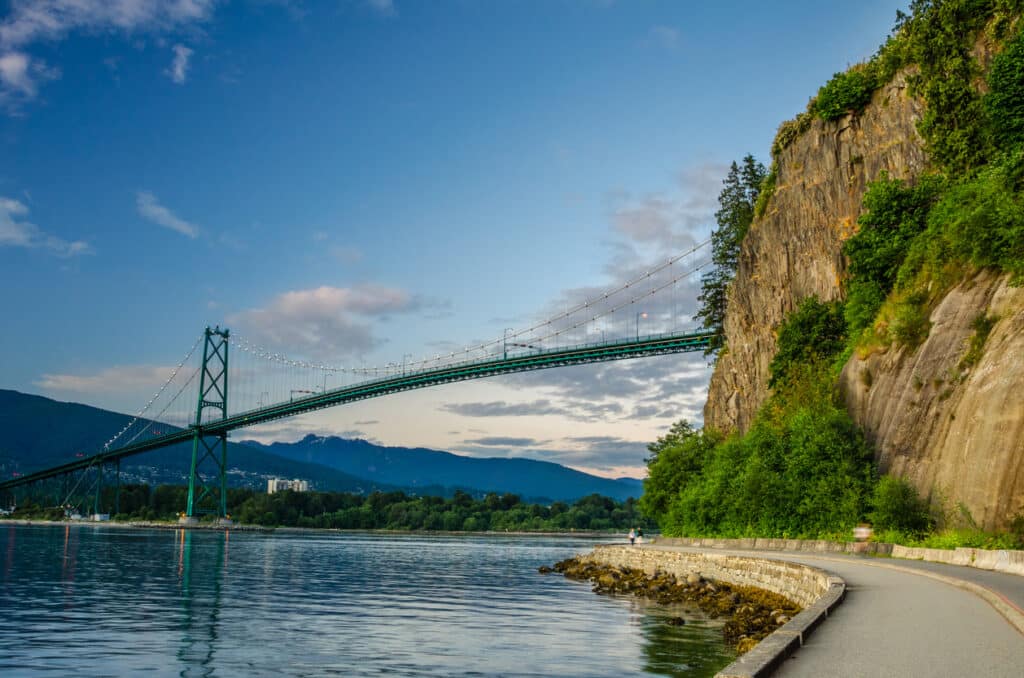 Lions Gate Bridge and Seawall of Vancouver at Sunset